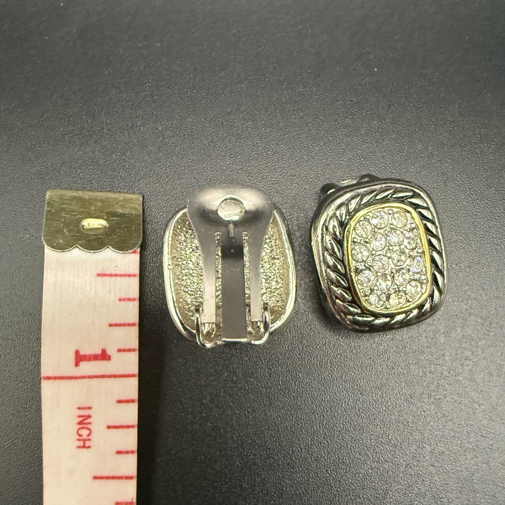 Silvertone Clear Rhinestones Square Shape Clip-On… - image 4